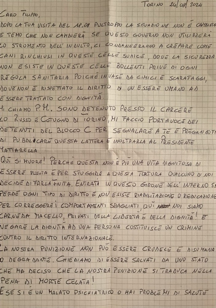 &quot;Nel carcere di Torino si vive in condizioni disumane&quot;: la lettera di un detenuto al tesoriere dei Radicali