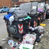 Bidoni strapieni e immondizia dappertutto in via Torricelli a Nichelino