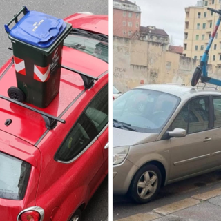 monopattini e bidoni su auto parcheggiate