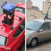 monopattini e bidoni su auto parcheggiate