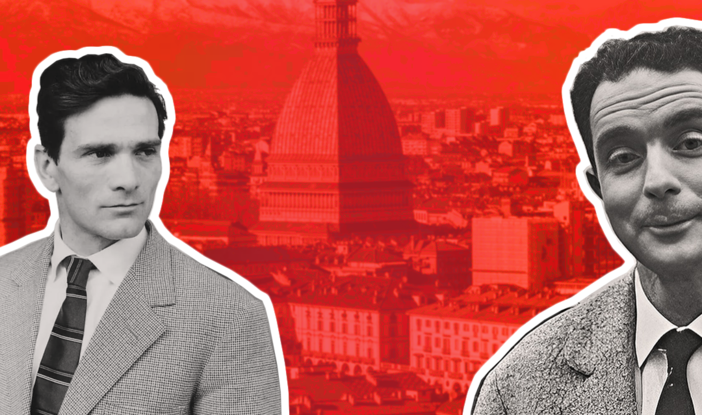 Calvino e Pasolini su sfondo rosso