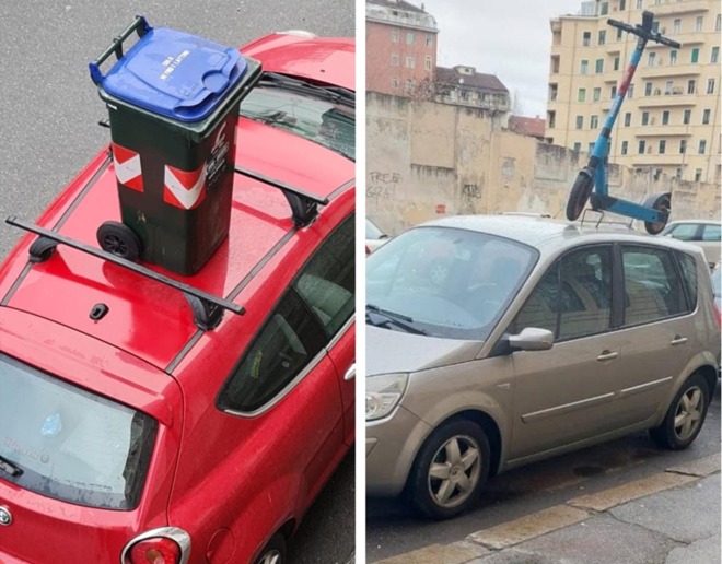 monopattini e bidoni su auto parcheggiate