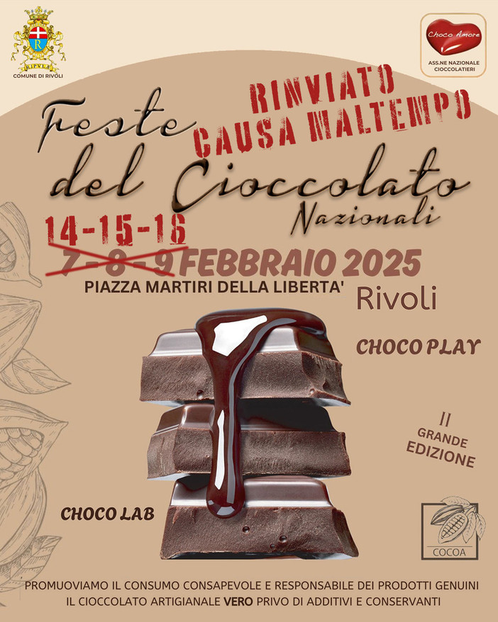 Rivoli, l'annunciato maltempo fa slittare al 15-16 febbraio la Festa del Cioccolato