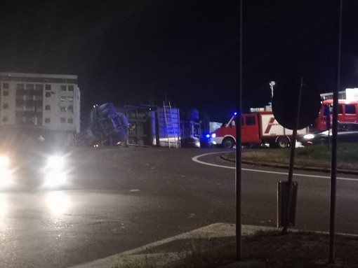 Camion carico di maiali si ribalta alla rotonda tra Carignano e Carmagnola: muoiono 28 animali su 60