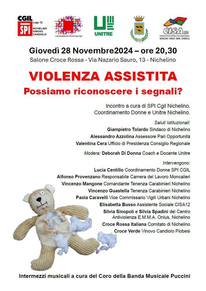 &quot;Violenza assistita. Possiamo riconoscere i segnali?&quot;: a Nichelino un incontro organizzato dalla Spi Cgil