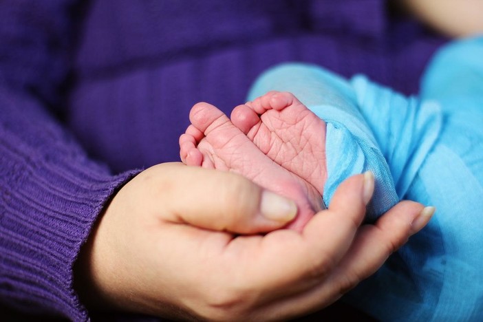 piedi di neonato nelle mani di un adulto