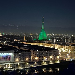 Panorama di Torino con la Mole illuminata di verde