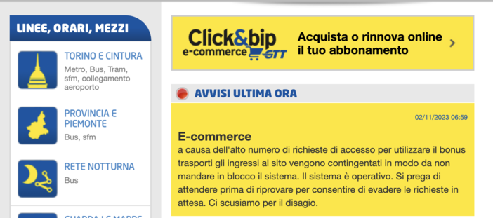 Bonus Trasporti, il sito di Gtt in tilt per il &quot;click day&quot;: &quot;Ingressi online contingentati&quot;